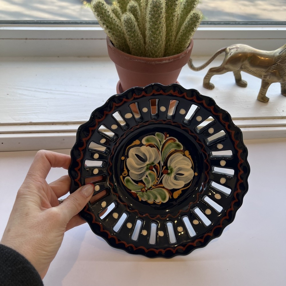 Vintage Hungarian Hand Painted Reticulated Collector Plate Wall Decor Folk Art